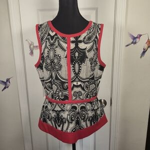 Nicole Miller Peplum Top - Black White Red Tribal Geometric Print Size L
